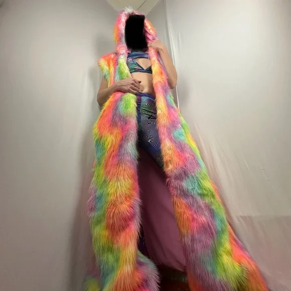 LONG Fur LED Glowing Light Up Coat Burning Man Rave Festival Rainbow Pastel EDC - Picture 14 of 16